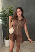 Brown button down romper
